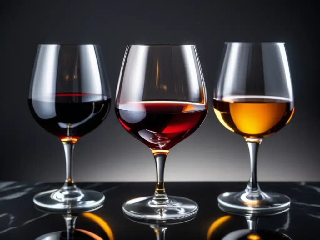 Tres elegantes copas de vino fortificado tradición europea en un mostrador de mármol negro