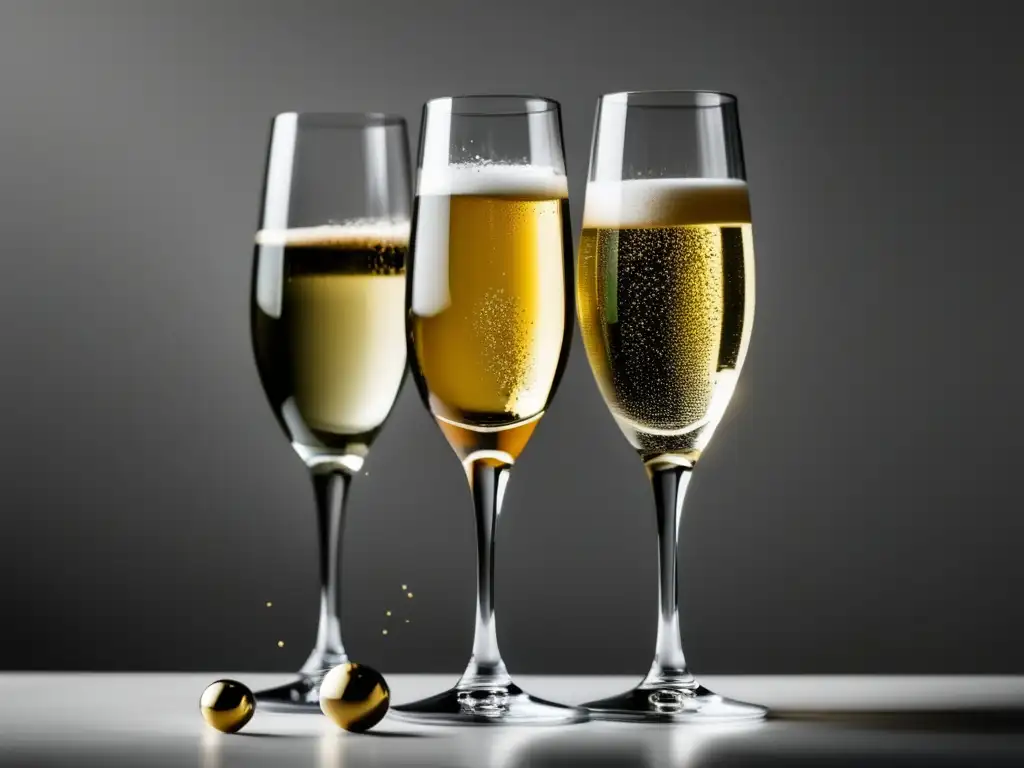 Tres elegantes copas de champán con vinos espumosos representando Champagne, Cava y Prosecco