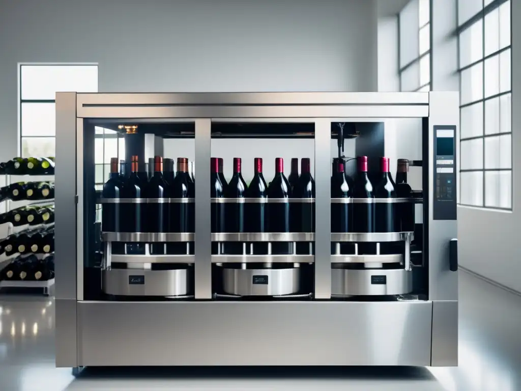 Tecnología vinícola en Europa: Máquina de embotellado de vino moderna y minimalista en una bodega europea