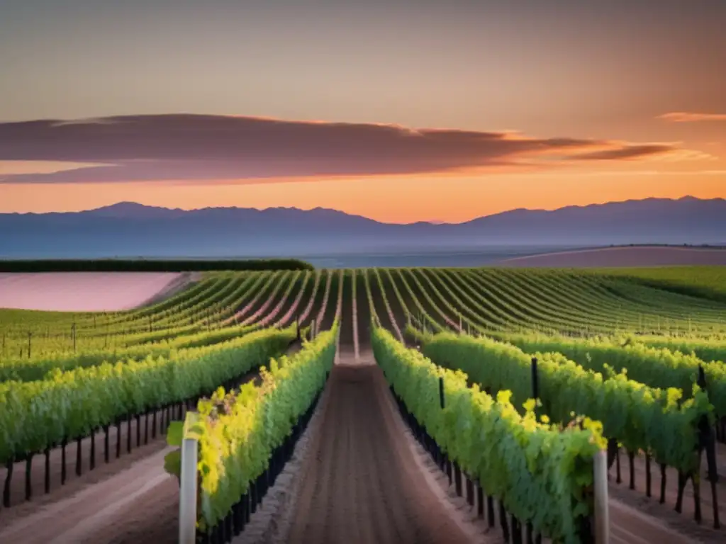 La enología contemporánea en Argentina: viñedo sereno al atardecer, con filas perfectas de vides y hermoso contraste de colores