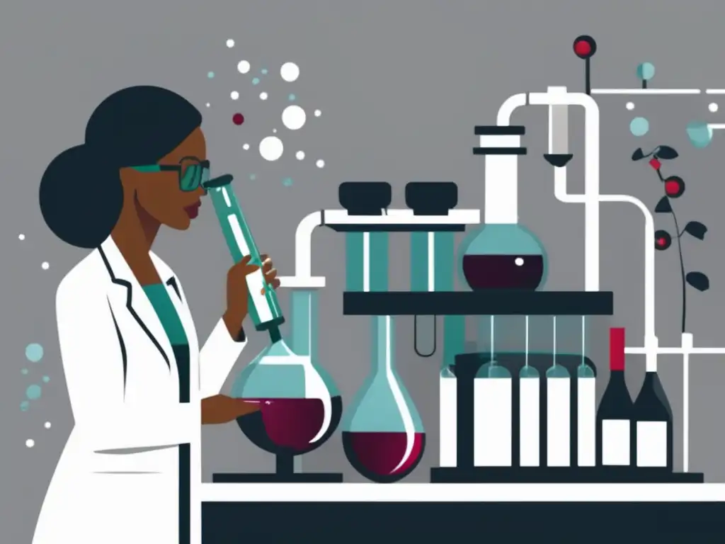 Ilustración de enología molecular y vinificación moderna: científicos en laboratorio realizando análisis y manipulando muestras de vino