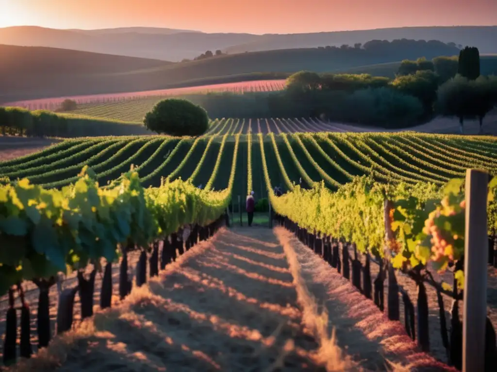 Enólogo examinando uvas en viñedo al atardecer