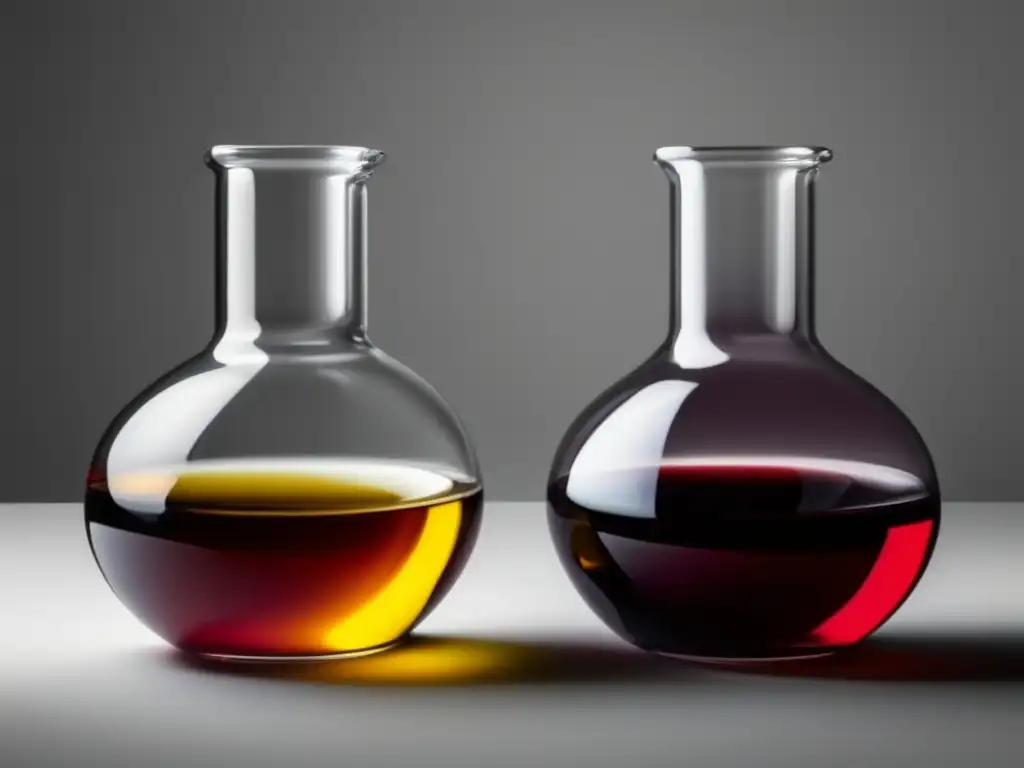 Ensamblaje vinos: sabor perfecto - Beakers con líquidos rojo y amarillo representando fermentación por separado