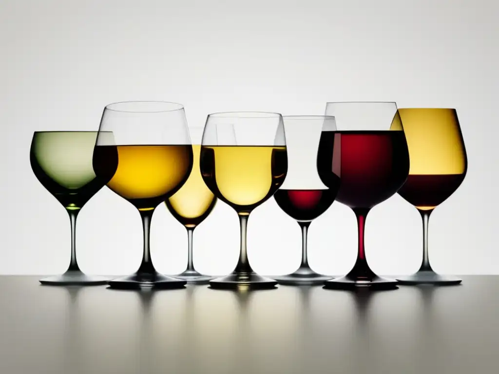 Ensamblaje vinos: sabor perfecto - Copas de vino minimalistas en diferentes colores y tamaños, simbolizando la diversidad y elegancia del proceso