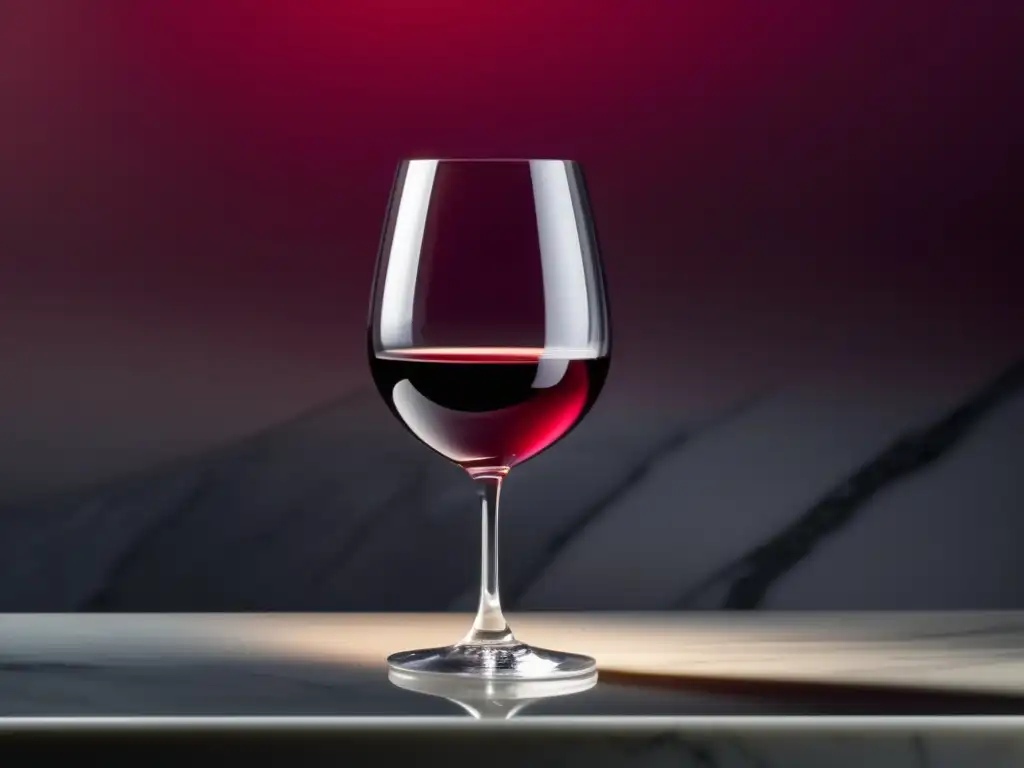 Equilibrio hormonal en aficionados al vino: copa de vino rojo sobre mármol con luz difusa