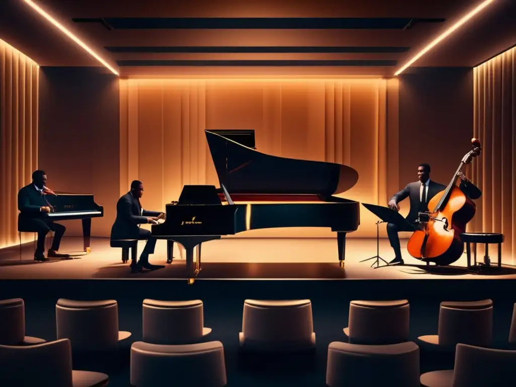 Escena en un elegante club de jazz minimalista, donde se destaca un escenario negro con piano, contrabajo y batería