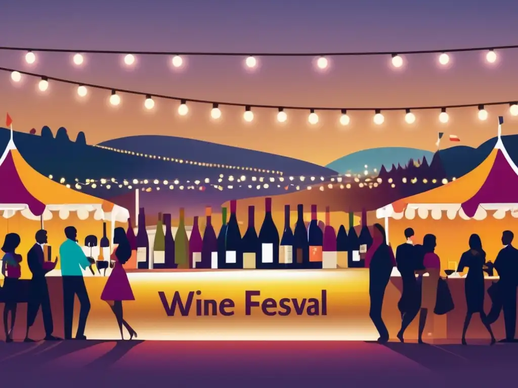 Escena de festival de vino en atardecer con variedad de vinos, entusiastas y viñedos - Festivales de vino emergentes en mercados vitivinícolas