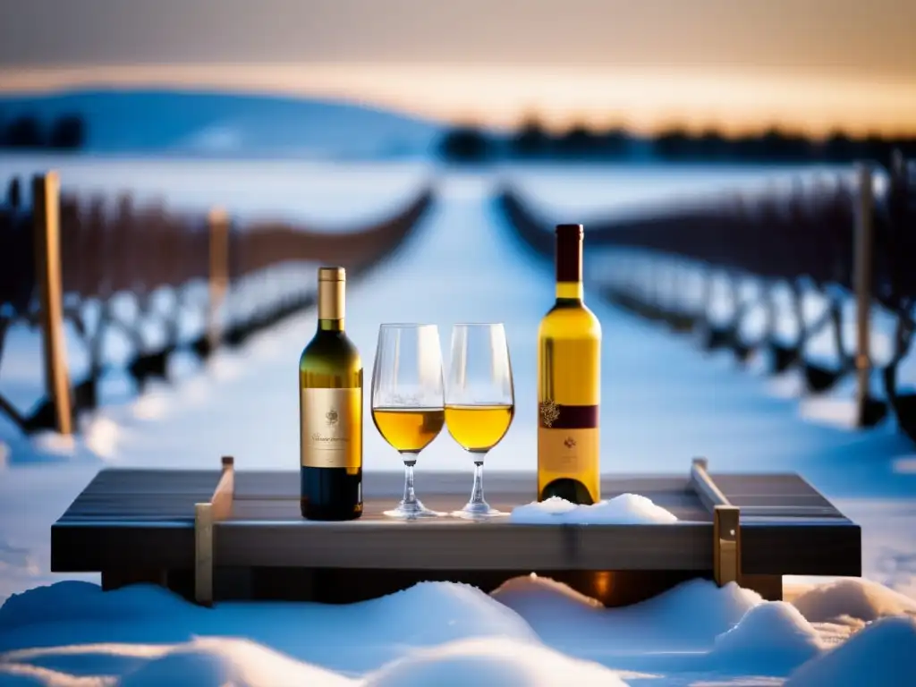 Icewine Festival en Canadá: escena invernal serena, viñedo nevado y copas de vino dorado en mesa de madera