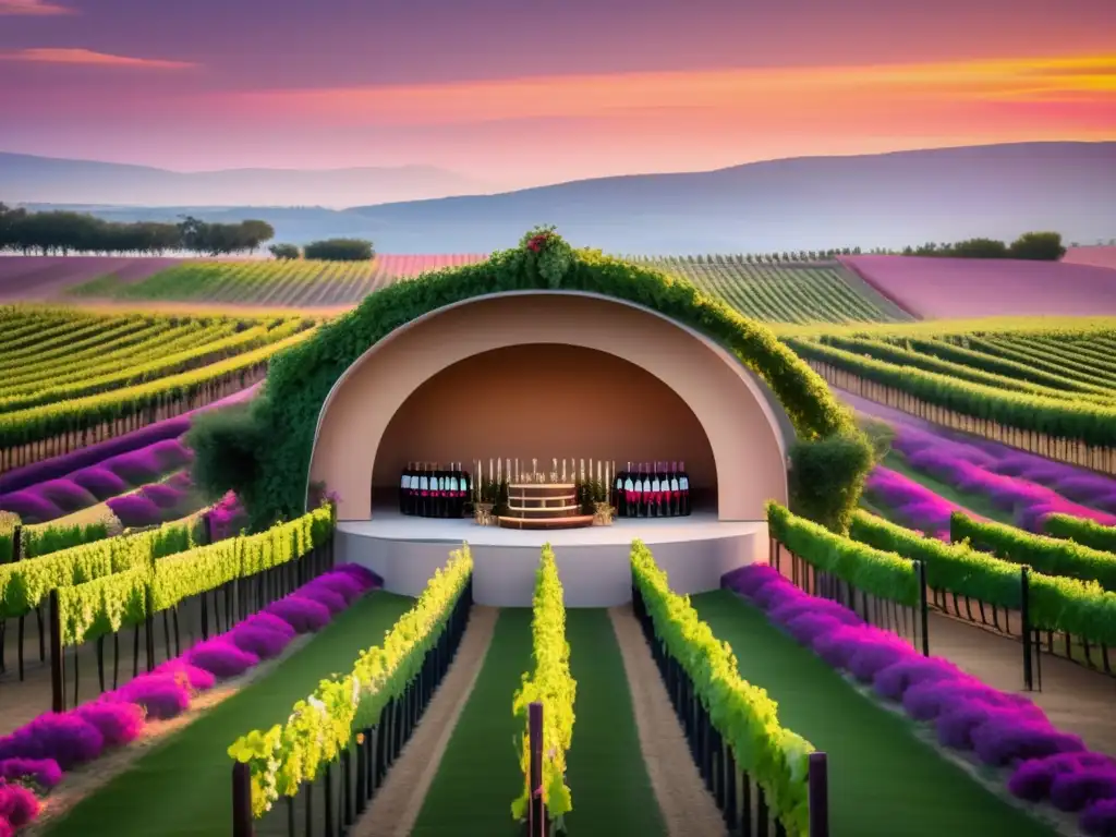 Ópera vinícola: Escenario minimalista en un viñedo con barriles de vino, viñas y un atardecer impresionante