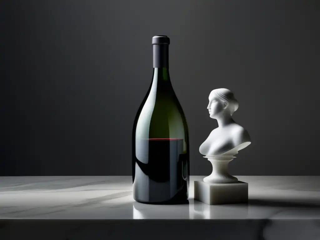 Escultura y diseño de vinos: una imagen minimalista con una botella de vino elegante y una escultura en diálogo