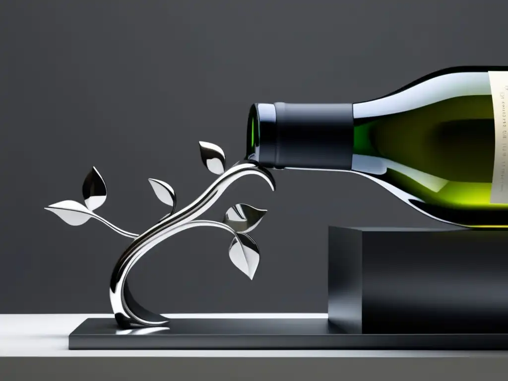 Escultura y diseño de vinos: escultura minimalista de una vid entrelazada con una botella de vino, elegante y armoniosa