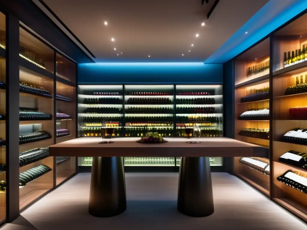 Espacio minimalista de vinos con paredes de vidrio, botellas retroiluminadas y mesa de cata moderna