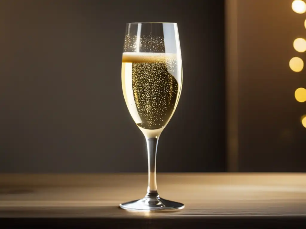 Prosecco: revolución espumoso Italia - Imagen minimalista de una copa de Prosecco brillante en una mesa de madera, con burbujas doradas efervescentes