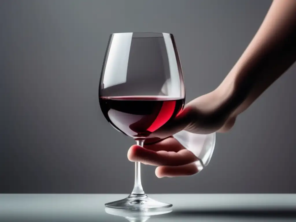 Equilibrar pasión vino estilo saludable: persona sosteniendo copa de vino rojo en superficie blanca