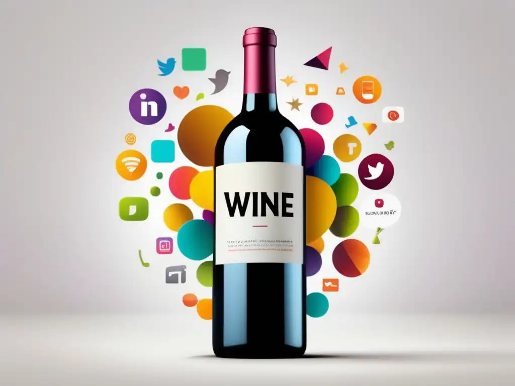 Estrategia de engagement para vender vino online: una imagen minimalista de una botella de vino flotando rodeada de vibrantes iconos de redes sociales