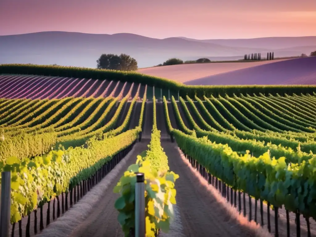 Estrategias para bodegas enfrentando aranceles: viñedos serenos al atardecer