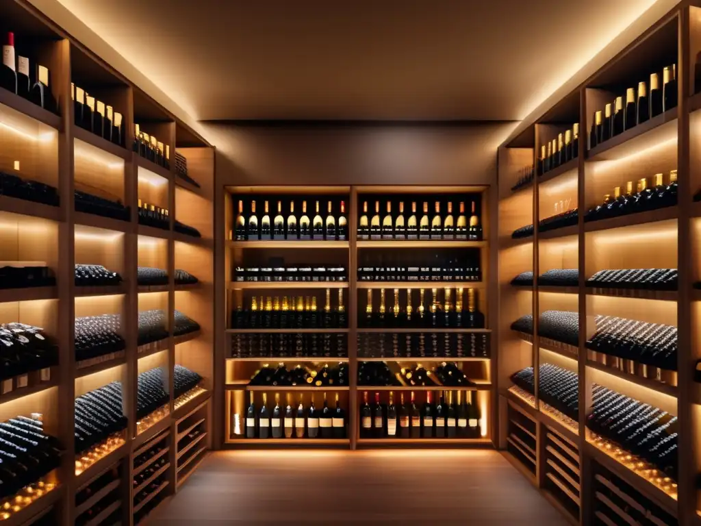 Estrategias fidelización clientes vino: Elegante bodega de vinos, iluminada suavemente, con botellas meticulosamente ordenadas y etiquetas elegantes