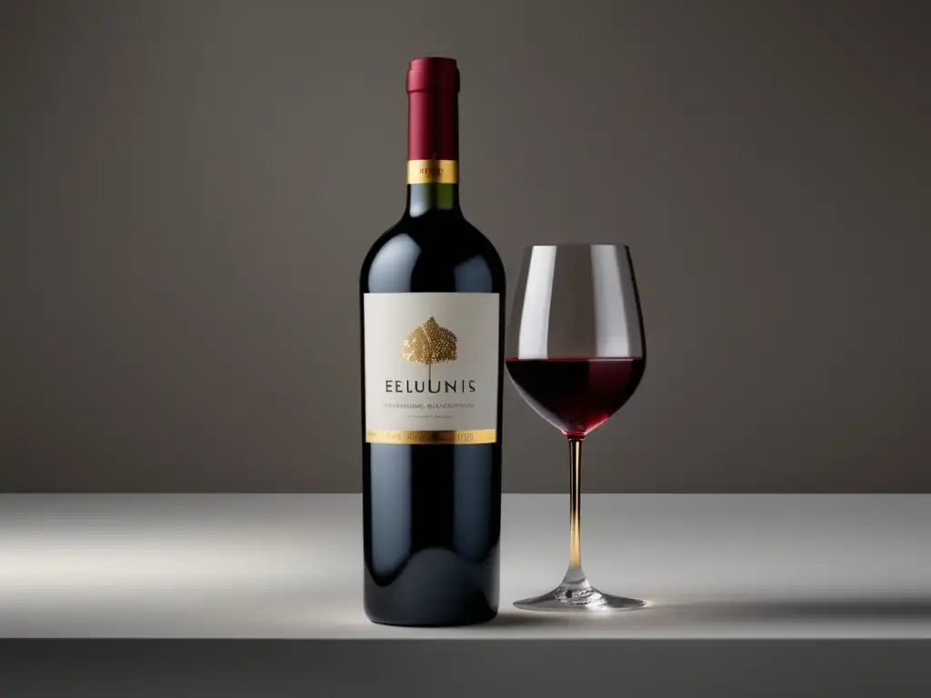 Estrategias de copywriting para vinos: Botella minimalista de vino tinto en superficie blanca con etiqueta elegante y iluminación suave