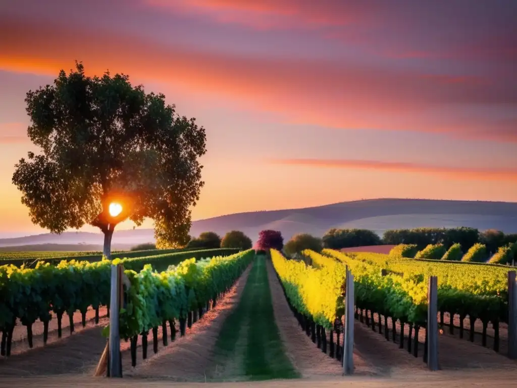 Estrategias de Marketing para Bodegas: Viñedo minimalista al atardecer, resaltando racimo de uvas perfectas