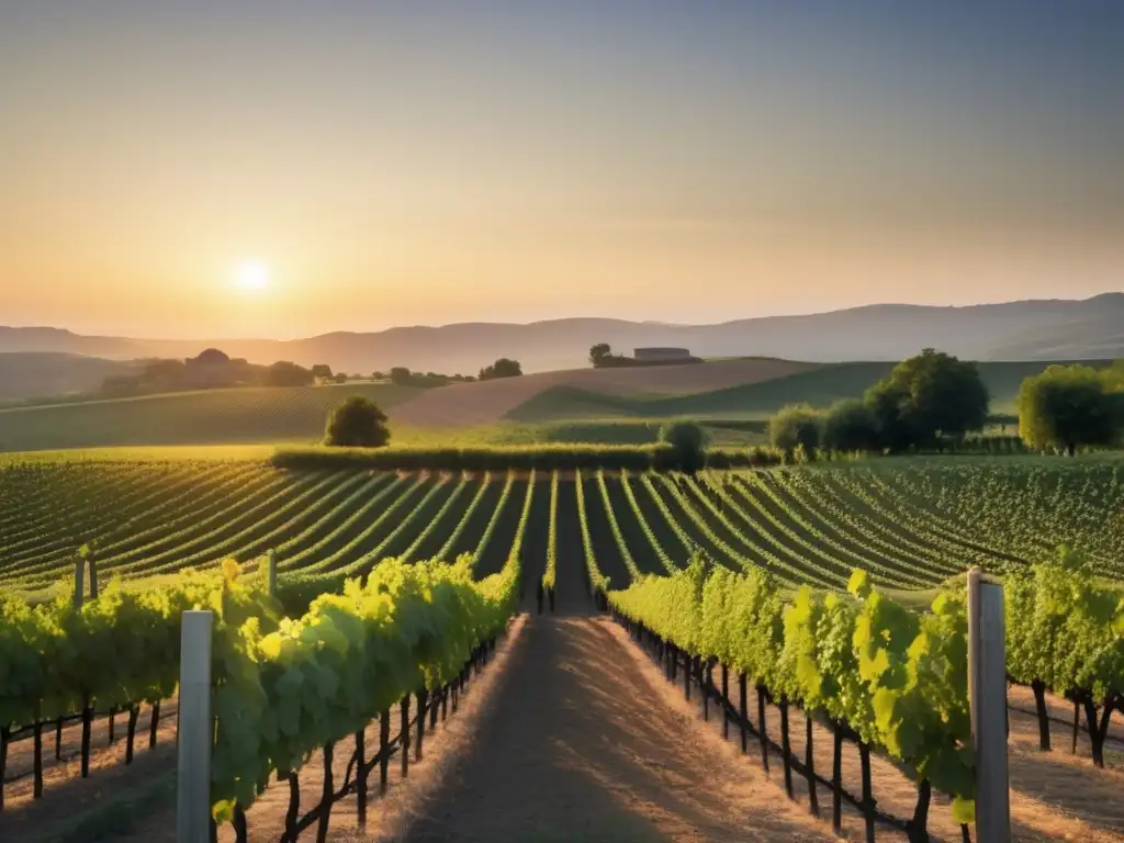 Estrategias de marketing digital para bodegas: Amanecer en viñedo, con vides verdes y paisaje sereno