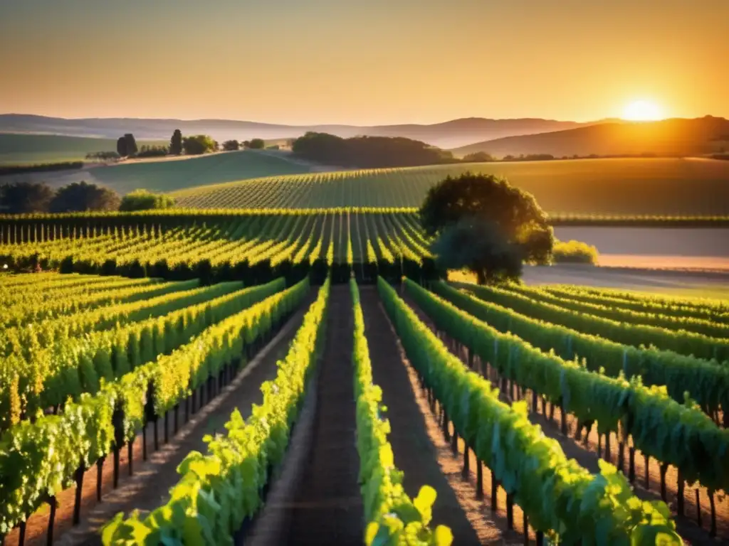 Estrategias de marketing digital para bodegas: viñedo bañado en luz dorada, vides alineadas contrastando con el atardecer