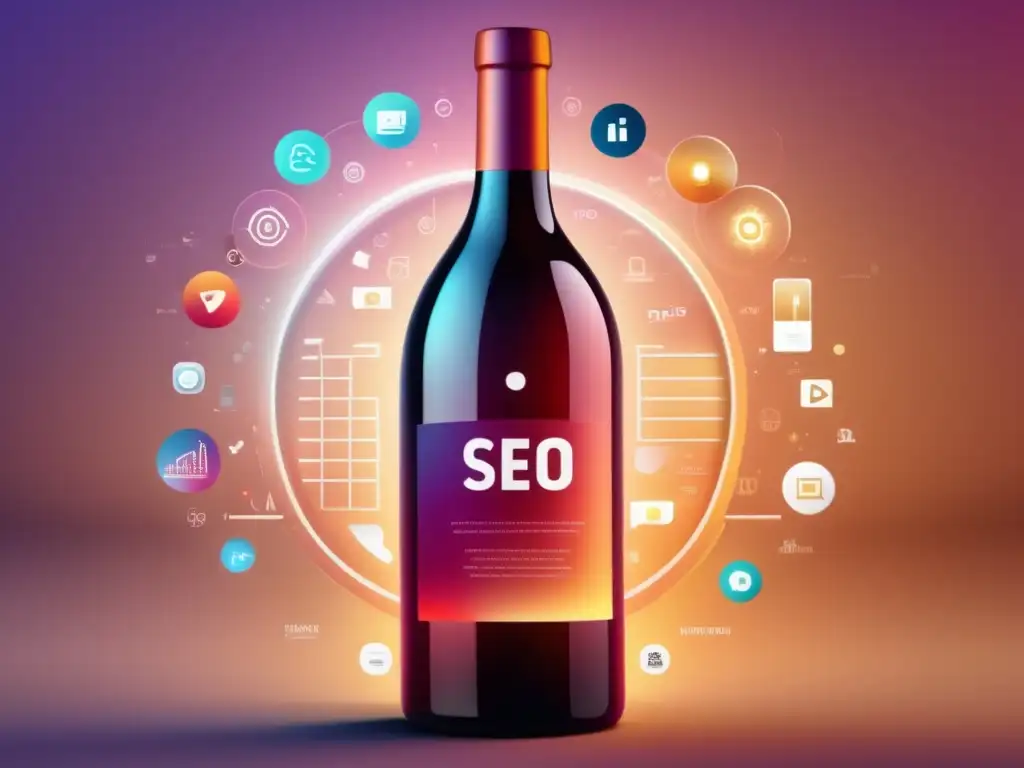 Estrategias de Marketing Digital para Bodegas: Botella de vino minimalista rodeada de elementos de marketing digital