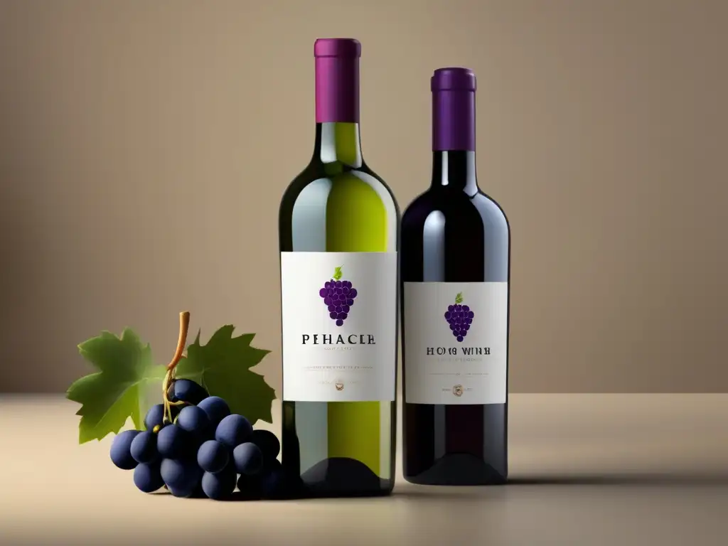 Estrategias de marketing digital para bodegas: diseño minimalista de una botella de vino y uvas vibrantes