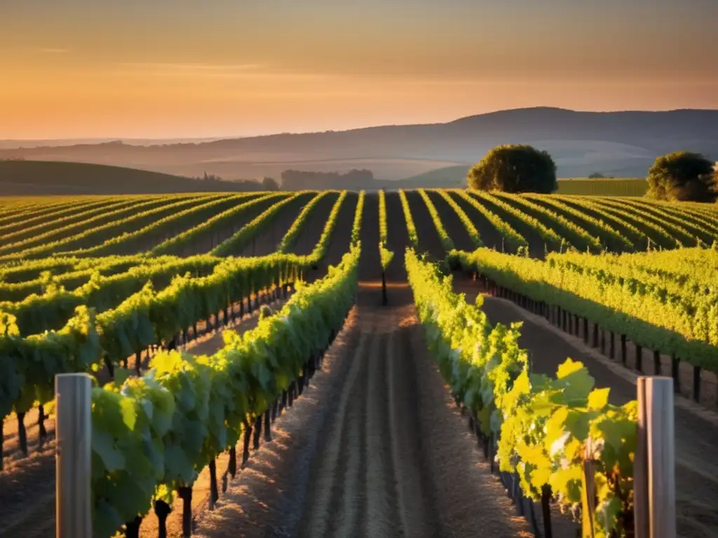 Estrategias de adaptación vitivinícola en un viñedo al atardecer, resaltando su belleza y simbolizando la resilencia de la industria vitivinícola