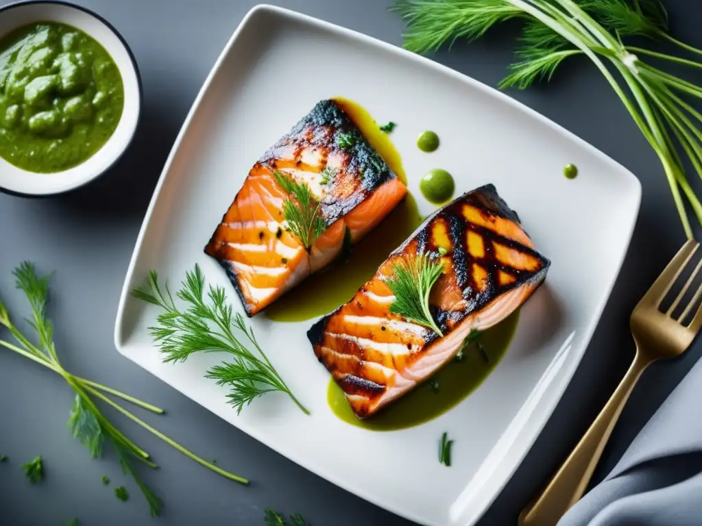 Combinación estrella vinos Pinot Noir y salmón - Dos filletes de salmón perfectamente grillados con salsa verde de hierbas sobre un plato blanco