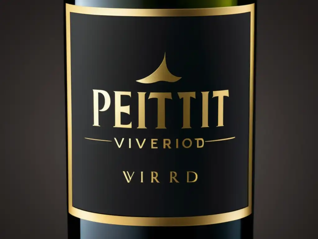 Etiqueta de vino 'Petit Verdot en blends de Burdeos' elegante y minimalista en negro mate y oro