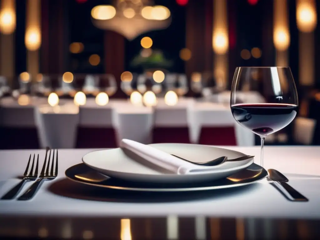 Elegante mesa de comedor con vino rojo Etiquetas internacionales vinos alta cocina en elegante mesa minimalista