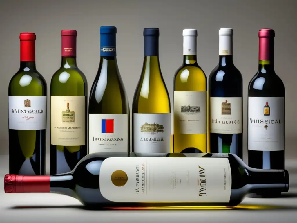 Selección de vinos internacionales exquisitamente presentados Etiquetas internacionales vinos alta cocina