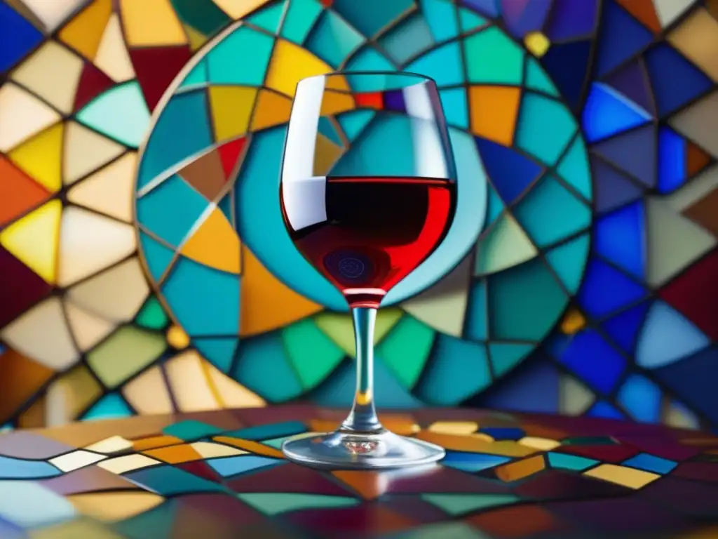 Vino en eventos culturales multiculturales: copa de vino en mesa de mosaico multicolor con símbolos culturales