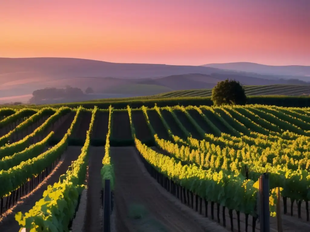 Éxito internacional vinos chilenos: Imagen cautivadora de viñedo al atardecer