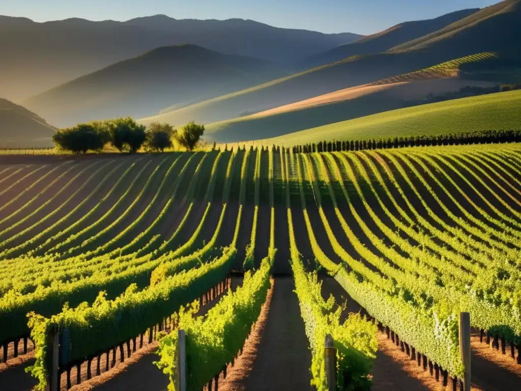 Éxito internacional vinos chilenos en viñedo al atardecer