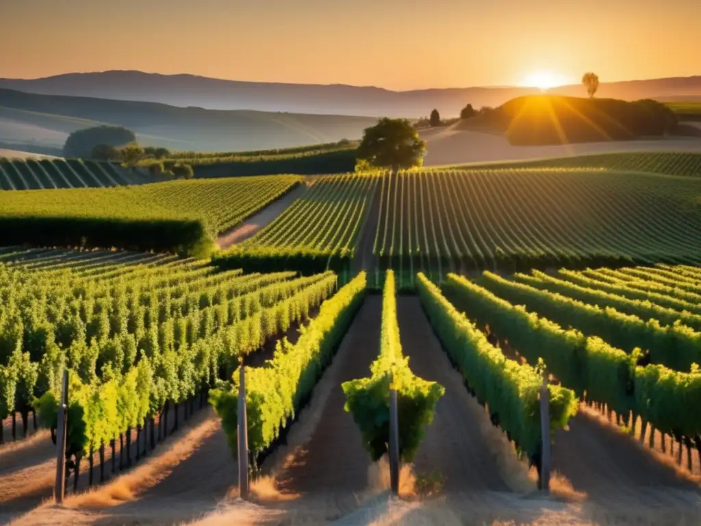 Experiencia en bodegas: escena minimalista de viñedo al atardecer, con filas ordenadas de vides que invitan a visitar