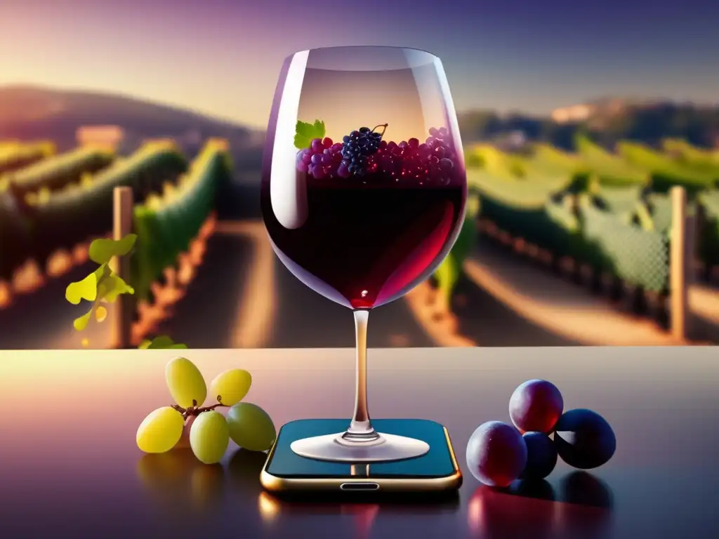 Experiencia inmersiva enológica con realidad aumentada: copa de vino flotante rodeada de uvas y viñedos virtuales