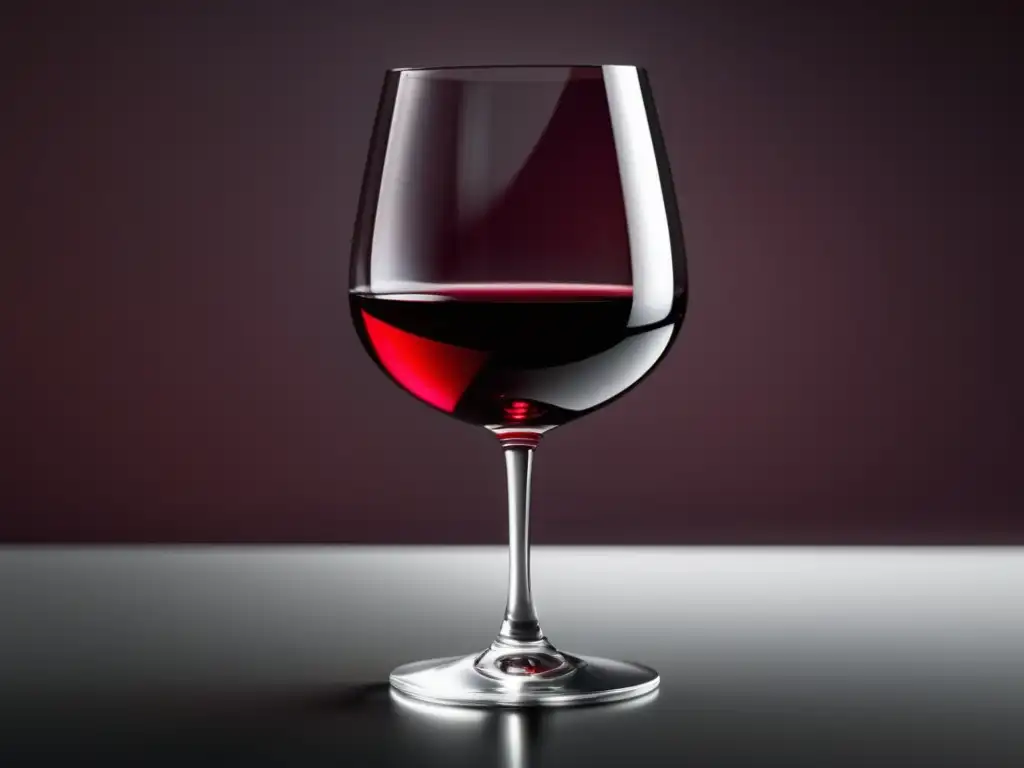 Experiencia inmersiva enológica con realidad aumentada - Vino rojo intenso y elegante en copa transparente sobre mesa minimalista