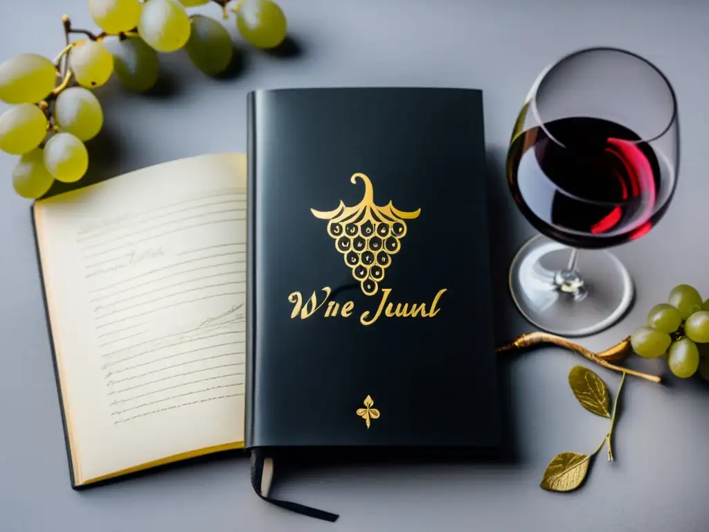 Experiencias vinícolas: Cuaderno de vinos elegante con notas escritas a mano y dibujos de copas y viñedos