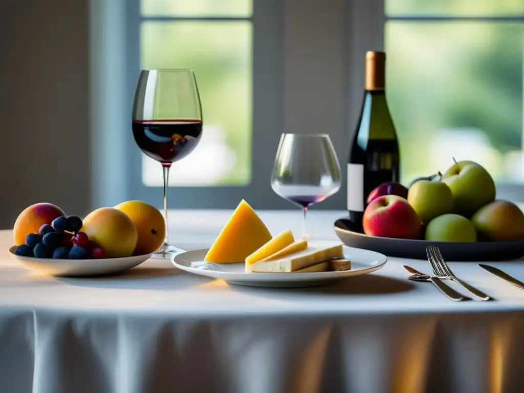 Exquisita mesa de comedor con vajilla elegante y frutas, vino y queso