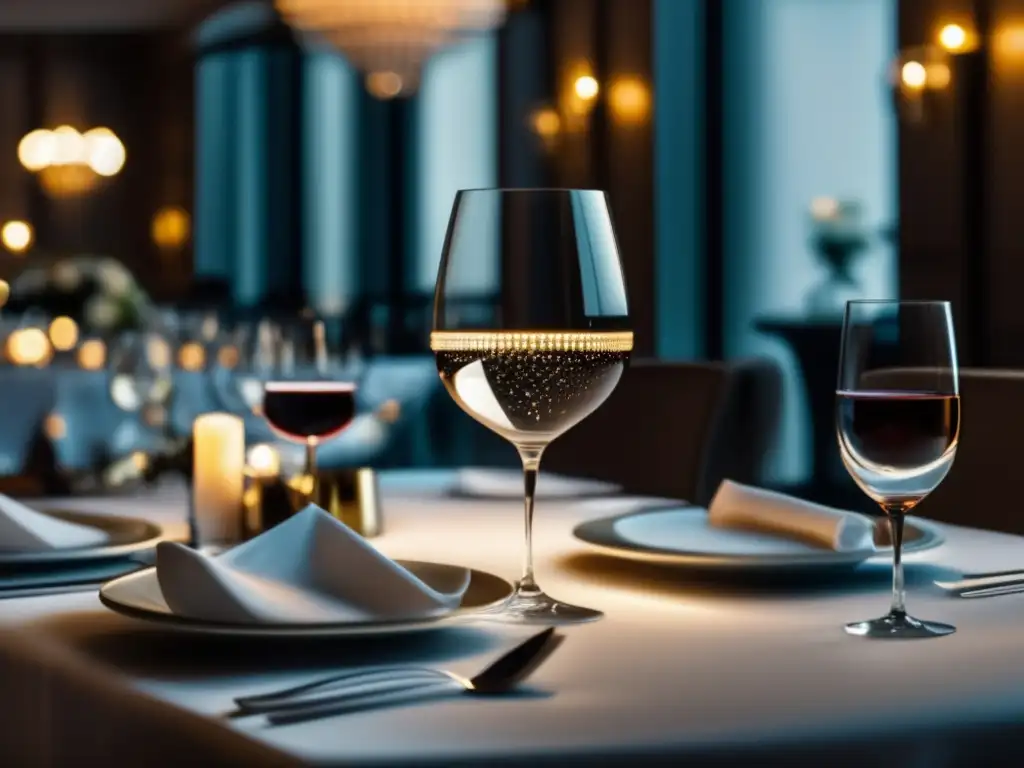 Escena minimalista en restaurante estrellado Exquisita mesa de restaurante Michelin con vinos maridados (110 caracteres)