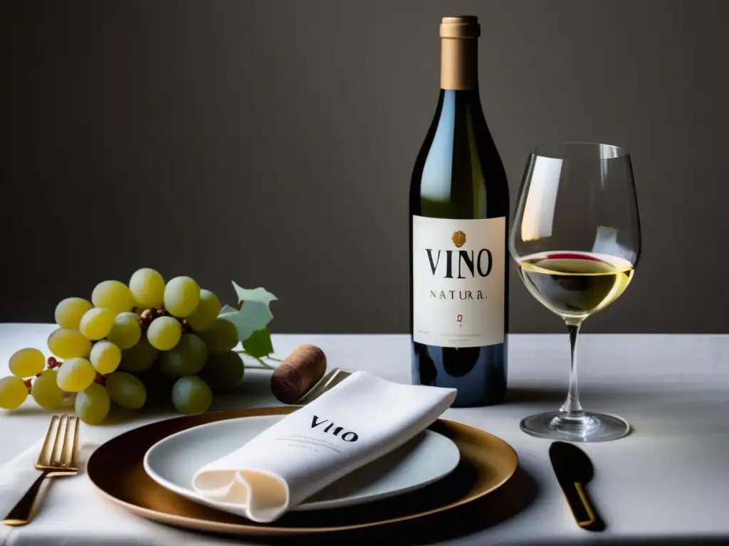 Mesa elegante con vino natural Exquisita mesa con vino natural, elegante cristalería y mantel blanco - Revolución Vino Natural Chefs Michelin