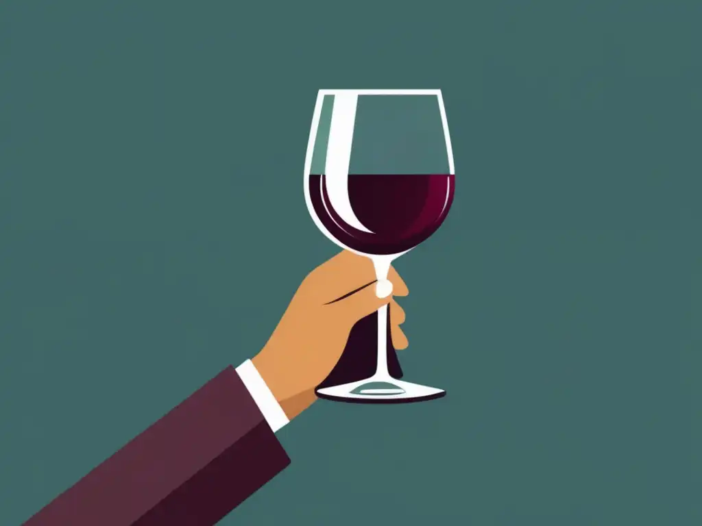 Factores compra vino online: Ilustración minimalista de persona con copa de vino, elementos simbólicos análisis mercado y preferencias consumidores