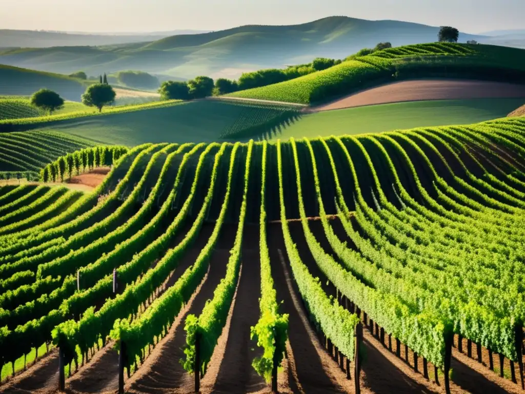 Erosión y fertilidad del viñedo, paisaje minimalista con viñedos y colinas verdes