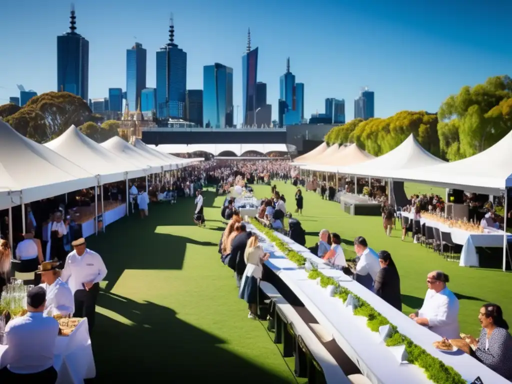 Festival gastronómico Melbourne Wine Festival: escena vibrante y bulliciosa, con mesas comunales al aire libre, gente de todas las edades disfrutando de delicias gastronómicas y vinos exquisitos en un entorno soleado