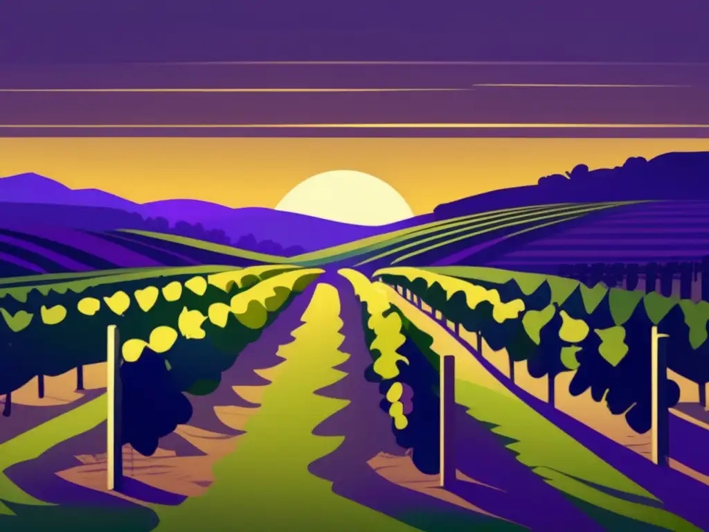 Festival del Vino de Georgia: Viñedo minimalista con uvas Saperavi, reflejando el sol dorado al atardecer