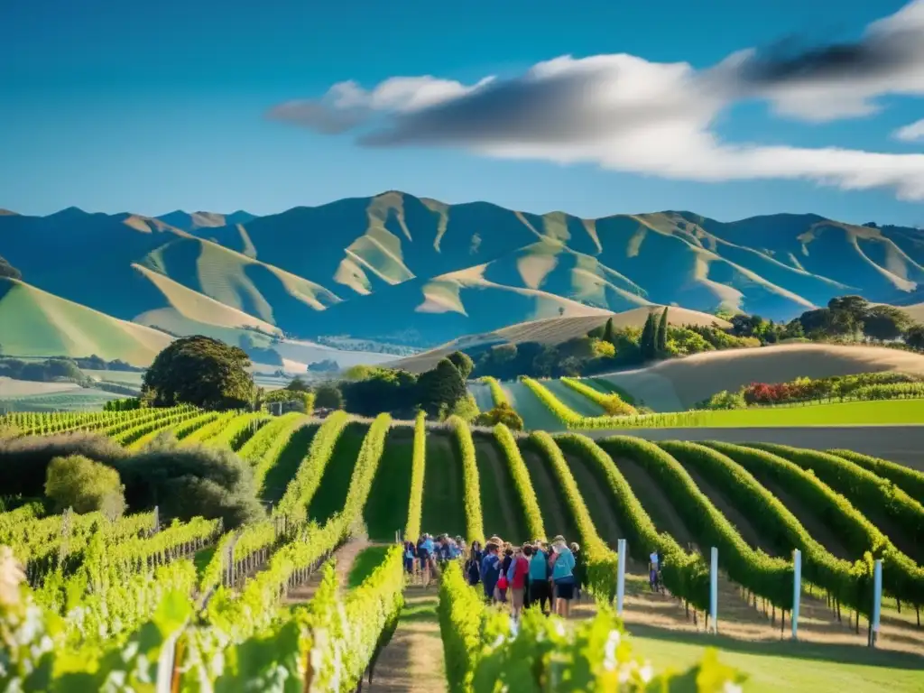 Festival vinos y comida Marlborough: paisaje hermoso con viñedos verdes, cielo azul y festivalgoers disfrutando de vino y comida exquisita