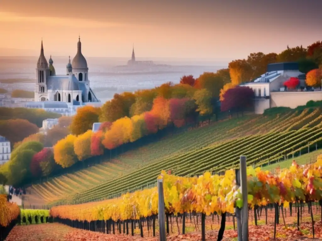 Festival de Vinos de Montmartre: Vendimia francesa en viñedo pintoresco con colores otoñales vibrantes