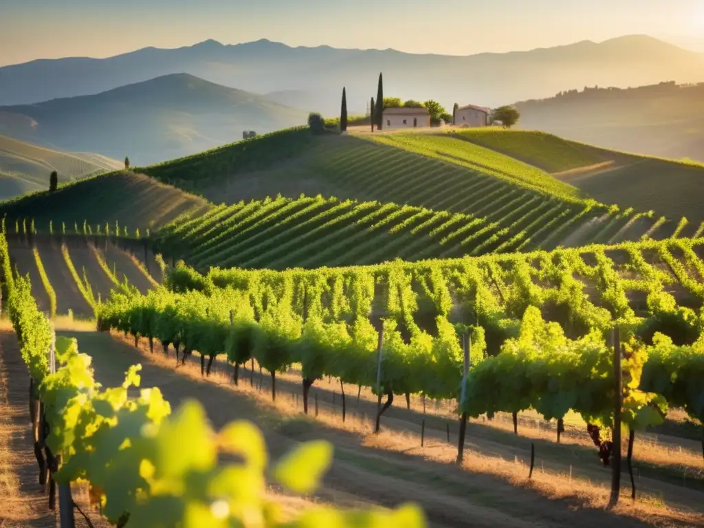 Fiano: Antigua uva Campania - Viñedo soleado y sereno con vides verdes y racimos maduros