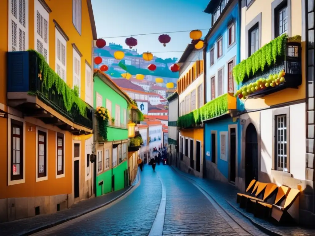 Fiesta del Vino en Oporto, una calle vibrante con decoraciones coloridas: hojas de parra y racimos de uvas